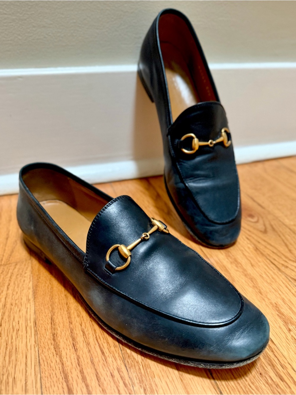 Gucci Black Leather Horsebit Loafers with Gold Hardware